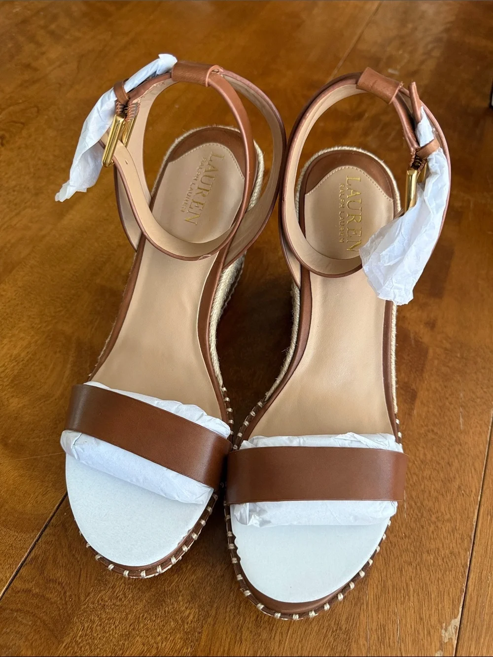 Lauren Ralph Lauren Brown and Cream Espadrille Wedge Sandals